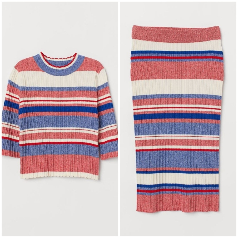 H&M Ribbed Midi Skirt Set in Red, White, and Blue